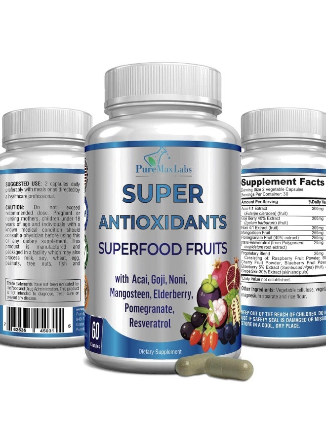 YUMMYVITE Super Antioxidant Fruit Superfood Complex - Powerful Antioxidant Superfruits, Acai, Goji, Noni, Mangosteen, Pomegranate, Elderberry, Resveratrol, Immune Support, Skin Care - 60 Capsules - Image 1
